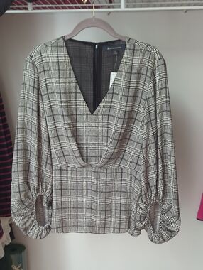 Brooks Brothers Black and White Plaid V-Neck Blouse NWT Large